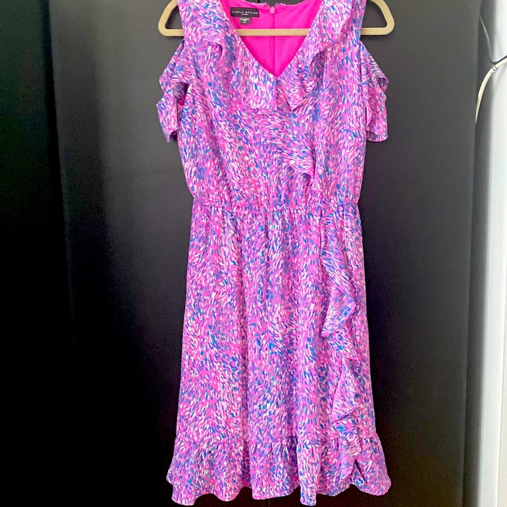 Off shoulder dress with ruffle down the center, beautiful colors!